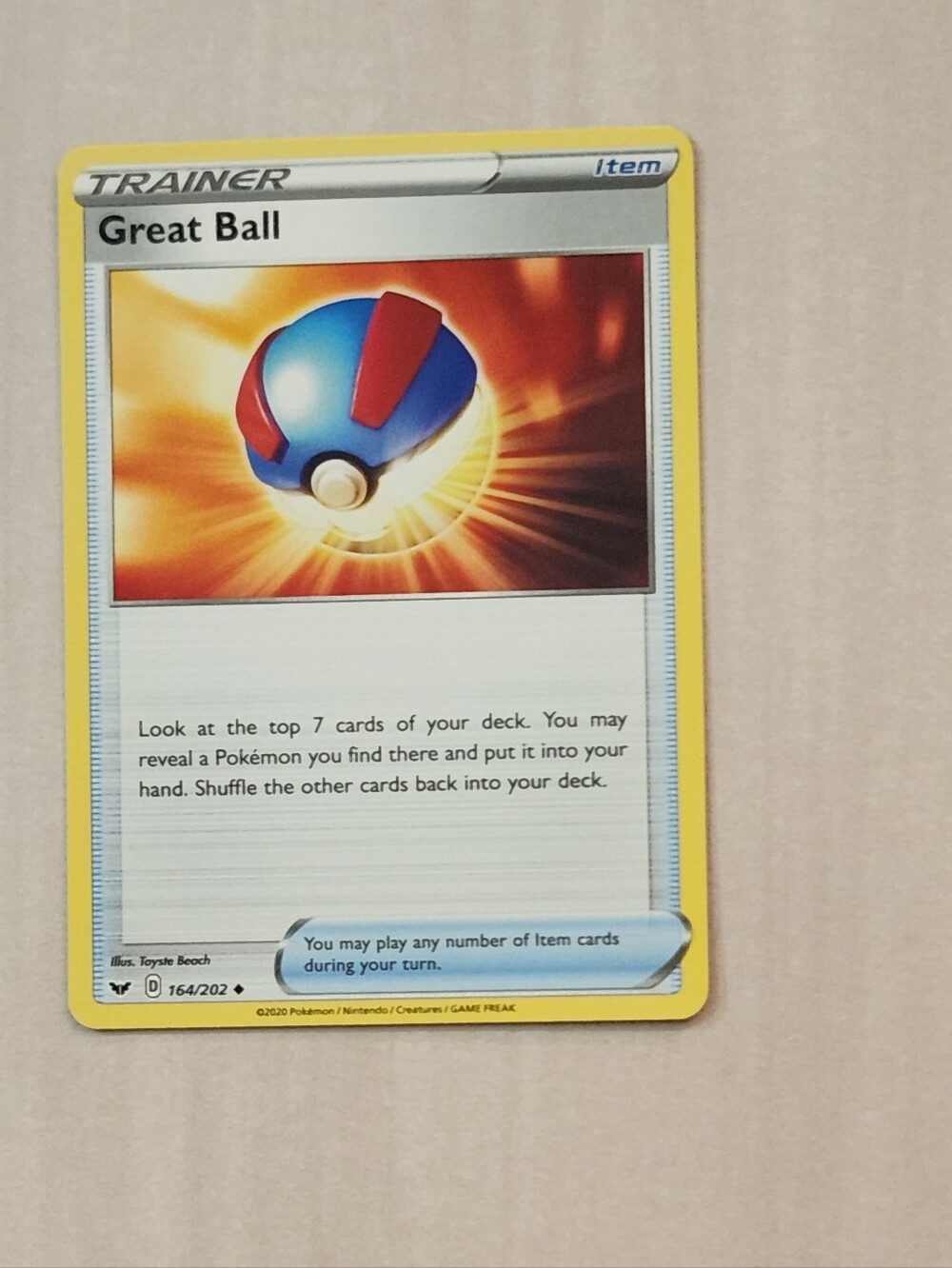 Pokemon Trainer Card GREAT BALL Sword & Shield 164/202